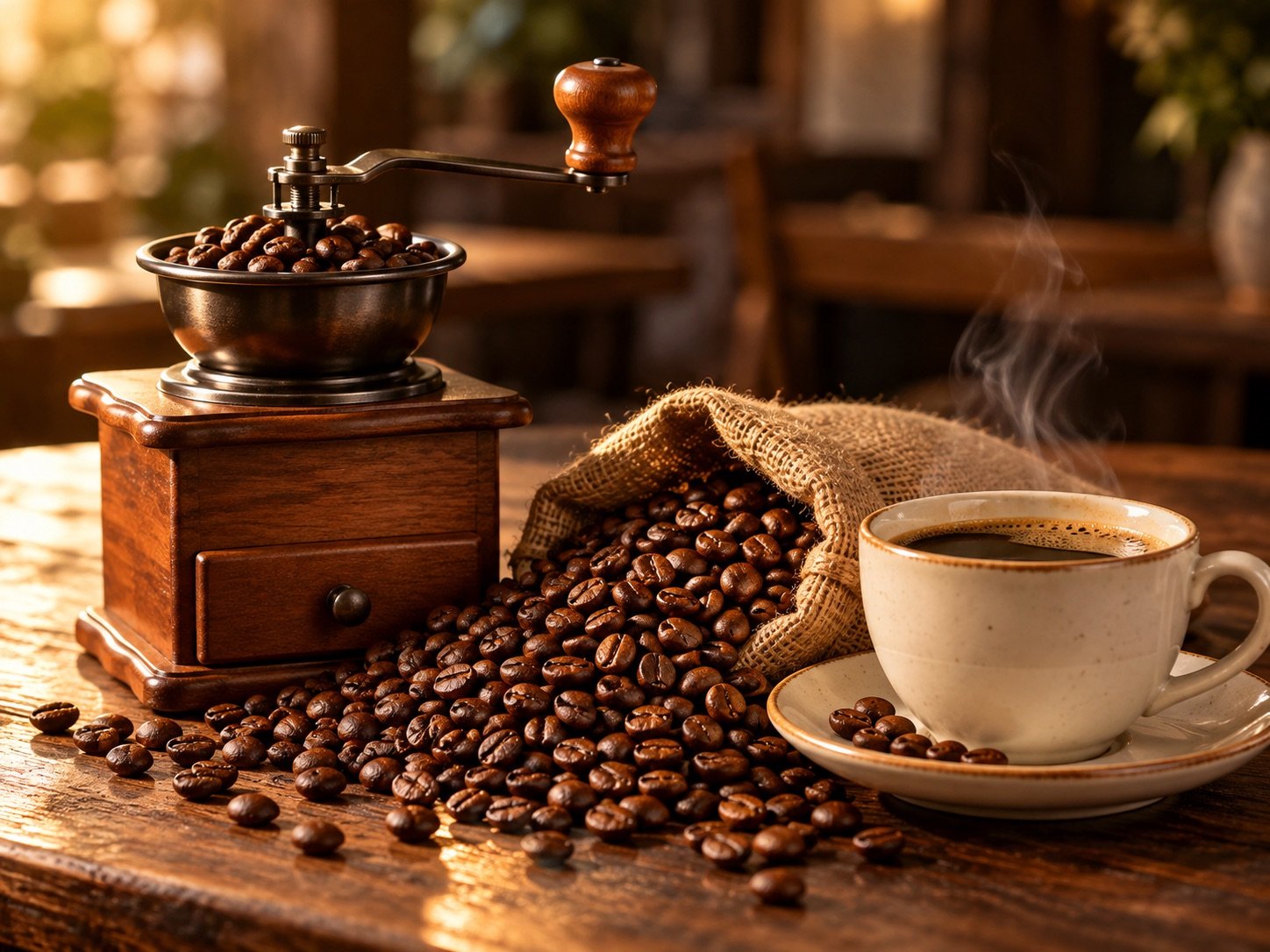 Grãos de café ao lado de um moedor manual