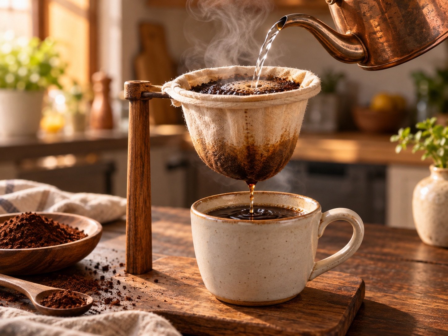 Café sendo preparado no coador de pano